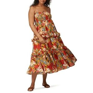 Nicholas Floral Smocked Tiered Prairie Midi Dress Square Neck Silk Size 16